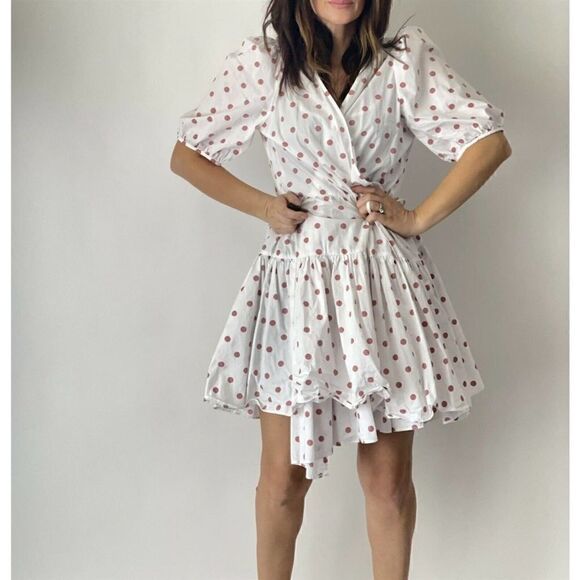 J. CREW White Polka Dot Red V-Neck Puff
Sleeve Poplin Wrap Mini Dress - Picture 7 of 16